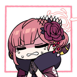 Rule 34 | 1girl, aru (blue archive), aru (new year) (blue archive), black gloves, blue archive, blue eyes, blunt bangs, chan co, chibi, closed eyes, flower, gloves, hair flower, hair ornament, halo, horns, japanese clothes, kimono, lace, lace gloves, own hands together, red hair, red kimono, simple background, solo, sweat, upper body