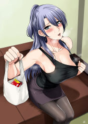 Rule 34 | 1girl, armpits, bag, bare shoulders, black pantyhose, black tank top, blue eyes, blush, breasts, breath, carrying, cleavage, clothes pull, collarbone, condom box, couch, earrings, from above, hair between eyes, half updo, heart, heart-shaped pupils, heavy breathing, high ponytail, highres, himuro ayame, indoors, jewelry, large breasts, leaning forward, long hair, looking at viewer, miniskirt, okamoto condoms, open mouth, pantyhose, pencil skirt, ponytail, purple hair, purple skirt, rikei ga koi ni ochita no de shoumei shitemita, shirt pull, shopping bag, sideboob, signature, sitting, skirt, smile, solo, sweat, symbol-shaped pupils, tank top, xter