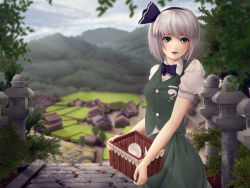 Rule 34 | 1girl, backlighting, basket, blue eyes, blue sky, blurry, blurry background, blush, bob cut, bow, bowtie, breasts, bush, carrying, cloud, cloudy sky, cobblestone, collared shirt, cowboy shot, day, depth of field, female focus, forest, from side, ghost, green eyes, green skirt, green vest, hairband, konpaku youmu, konpaku youmu (ghost), landscape, looking at viewer, lucia, lucia (artist), mountain, nature, open mouth, puffy short sleeves, puffy sleeves, shirt, short hair, short sleeves, silver hair, skirt, skirt set, sky, small breasts, smile, solo, stone lantern, touhou, town, vest, white shirt