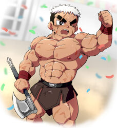 Rule 34 | axe, barbarian, clenched hand, commentary request, confetti, cowboy shot, difeihong, highres, holding, holding axe, male focus, manly, multicolored hair, muscular, muscular child, one eye closed, open mouth, original, outline, scar, scar across eye, solo, teeth, thick eyebrows, topless male, two-tone hair, upper teeth only, warrior, white hair, white outline