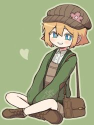 1boy basil_(faraway)_(omori) basil_(omori) blonde_hair blue_eyes blush boots bright_pupils brown_boots brown_hat collared_shirt cross-laced_footwear green_background green_sweater grin hat heart highres lace-up_boots looking_at_viewer male_focus mewowem_omo official_alternate_costume omori parted_lips shirt short_hair simple_background smile solo sweater teeth white_pupils white_shirt