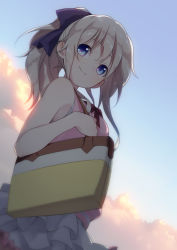 Rule 34 | 10s, 1girl, bag, blue eyes, casual, charlotte (anime), from below, highres, long hair, midori (mido0021), ponytail, silver hair, sky, smile, solo, tomori nao