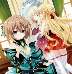 Rule 34 | 2girls, :&lt;, absurdres, bare shoulders, blanc (neptunia), blonde hair, blue eyes, blue gemstone, blush, bow, bowtie, braid, breast conscious, breast hold, breasts, brown hair, cleavage, cleavage cutout, clothing cutout, collarbone, cosplay, costume switch, day, dress, eyebrows, flat chest, frilled legwear, frown, gem, hair between eyes, hair ornament, hakama, hakama short skirt, hakama skirt, half updo, halterneck, hand on own cheek, hand on own chest, hand on own face, highres, indoors, japanese clothes, kami jijigen game neptune re;birth 3, kneepits, large breasts, legs together, long hair, mirror, multiple girls, neptune (series), no bra, official art, open mouth, oversized clothes, parted bangs, pleated skirt, reflection, ribbon-trimmed legwear, ribbon trim, scan, shiny skin, skirt, sleeveless, sleeveless dress, small breasts, smile, standing, thighhighs, tsunako, v-shaped eyebrows, vert (neptunia), very long hair, white legwear, zettai ryouiki