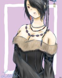 Rule 34 | 00s, 1girl, bare shoulders, black hair, breasts, character name, cleavage, female focus, final fantasy, final fantasy x, fur trim, hair over one eye, jewelry, lulu (ff10), mole, necklace, solo, square enix, tasukigake