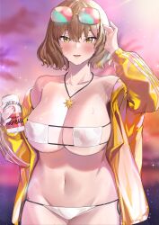 Rule 34 | 1girl, absurdres, alcohol, anis (nikke), anis (sparkling summer) (nikke), arm up, bikini, blush, breasts, brown hair, can, cleavage, commentary request, cowboy shot, eyepatch bikini, eyewear on head, goddess of victory: nikke, hair between eyes, highres, holding, holding can, jacket, jewelry, large breasts, lens flare, looking at viewer, micro bikini, navel, necklace, open clothes, open jacket, open mouth, outdoors, pink-tinted eyewear, shio05 (05 sio), short hair, side-tie bikini bottom, smile, solo, standing, string bikini, sunglasses, sunset, swimsuit, tinted eyewear, underboob, wet, white bikini, yellow eyes, yellow jacket