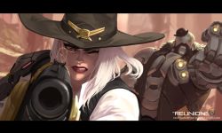 Rule 34 | 1boy, 1girl, aiming, arm cannon, ashe (overwatch), black eyeshadow, black headwear, black vest, bob (overwatch), clenched hand, collared shirt, cowboy hat, cowboy western, dishwasher1910, eyeshadow, green eyes, gun, hat, holding, holding gun, holding weapon, makeup, mole, mole above mouth, one eye closed, overwatch, overwatch 1, paid reward available, red eyes, robot, science fiction, shirt, vest, weapon, white hair, white shirt