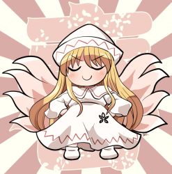 Rule 34 | 1girl, blonde hair, capelet, closed eyes, closed mouth, dress, fairy, fairy wings, full body, hair between eyes, hands on own hips, hat, kanji, lily white, long hair, long sleeves, rokugou daisuke, signature, smile, solo, sunburst, touhou, white capelet, white dress, white hat, wings