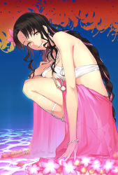 Rule 34 | 1girl, artist request, bare shoulders, bikini, black hair, blue background, braid, breasts, chest tattoo, cleavage, facial mark, fate/grand order, fate (series), flower, forehead mark, hair flower, hair ornament, highres, jewelry, large breasts, long hair, looking at viewer, multicolored hair, necklace, pink hair, sarong, sessyoin kiara, sessyoin kiara (swimsuit mooncancer), sessyoin kiara (swimsuit mooncancer) (first ascension), smile, squatting, streaked hair, swimsuit, tattoo, twin braids, water, wavy hair, white bikini, yellow eyes