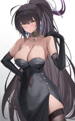 Rule 34 | 1girl, black dress, black hair, black thighhighs, blue archive, blush, breasts, cleavage, closed mouth, collarbone, commentary request, covered navel, cowboy shot, dark-skinned female, dark skin, dress, earrings, elbow gloves, gloves, halo, highres, jewelry, karin (blue archive), large breasts, long hair, looking at viewer, partial commentary, purple halo, shougun (chuckni1), solo, strapless, strapless dress, thighhighs, white gloves, yellow eyes