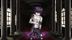 Rule 34 | 1boy, belt, belt buckle, black belt, black footwear, black gloves, black pants, blood, blood from mouth, buckle, checkered floor, collarbone, colored tips, covered erect nipples, danganronpa (series), danganronpa v3: killing harmony, dress pants, false smile, full body, gameplay mechanics, gloves, grin, hair between eyes, hallway, holding own arm, indoors, injury, kneeling, long sleeves, looking at viewer, male focus, multicolored hair, navel, official style, oma kokichi, pale skin, pants, parody, partially undressed, pectorals, pillar, purple eyes, purple hair, rug, shirt, shoes, short hair, smile, solo, stairs, stomach, style parody, torn clothes, torn coat, torn gloves, torn pants, torn shirt, torn sleeves, undressing, utou (utousan), window