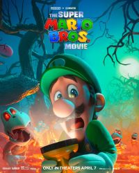 Rule 34 | 1boy, 3d, bare tree, blue eyes, blue overalls, brown hair, commentary, copyright name, dry bones, english commentary, flashlight, forest, gloves, green headwear, green shirt, hair behind ear, hat, highres, key visual, lava, looking at viewer, luigi, male focus, mario (series), moon, nature, night, night sky, nintendo, official art, open mouth, overalls, promotional art, scared, shirt, sky, solo focus, the super mario bros. movie, tongue, tree, white gloves