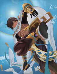 Rule 34 | 1boy, ahoge, bare pectorals, brown hair, cape, dark-skinned male, dark skin, earrings, egyptian, egyptian clothes, fate/grand order, fate (series), gloves, hair between eyes, highres, holding, jewelry, looking at viewer, male focus, merk4554, ozymandias (fate), pectorals, short hair, smile, solo, staff, underpec, white cape, yellow eyes