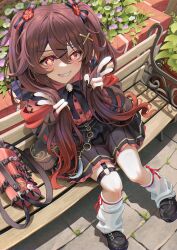 Rule 34 | 1girl, absurdres, bag, bench, black footwear, black nails, blush, bright pupils, brown hair, commentary request, double v, elocca, flower, flower-shaped pupils, from above, genshin impact, hair ornament, hairclip, highres, hu tao (genshin impact), jewelry, jirai kei, leg warmers, lipstick, long hair, looking at viewer, loose socks, makeup, nail polish, on bench, pink lips, plant, red eyes, red ribbon, ribbon, ring, sitting, skirt, smile, socks, solo, symbol-shaped pupils, teeth, twintails, v, very long hair, white pupils, white socks, x hair ornament