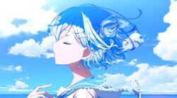 Rule 34 | 1girl, absurdres, blue hair, blue sky, butterfly hair ornament, closed eyes, cloud, day, double exposure, floating hair, from side, hair ornament, hairclip, hairstyle request, hane kxs, highres, horizon, indie virtual youtuber, misora sora (vtuber), mole, mole under mouth, no earrings, ocean, open mouth, outdoors, portrait, profile, sailor collar, school uniform, serafuku, short hair, sky, solo, translucent hair, virtual youtuber, wind