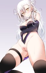 Rule 34 | 1girl, @ @, absurdres, areola slip, arm behind back, bare shoulders, black gloves, black thighhighs, blush, bottomless, braid, breasts, cleft of venus, clothing cutout, cosplay, elbow gloves, embarrassed, fate/grand order, fate (series), gloves, gradient background, groin, hair between eyes, highres, long hair, looking at viewer, looking down, mash kyrielight, medium breasts, messy hair, navel, navel cutout, nose blush, olga marie animusphere, oouso, pussy, revealing clothes, shielder (fate/grand order), shielder (fate/grand order) (cosplay), solo, sweat, tearing up, thighhighs, uncensored, wavy mouth, white hair, yellow eyes