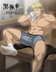 Rule 34 | 1boy, aizenhower, as (ashyblown), bardroy, blonde hair, blue eyes, body hair, bulge, erection, erection under clothes, facial hair, feet, kitchen, kuroshitsuji, looking at viewer, male focus, muscular, naughty face, topless male, sitting, smile, socks, solo, sweat, teeth, underwear, undressing