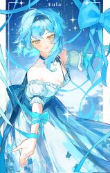 Rule 34 | 1girl, alternate costume, bare shoulders, blue background, blue choker, blue dress, blue hair, blue hairband, blue ribbon, blue sky, blue theme, blush, breasts, character name, choker, cleavage, detached sleeves, dress, eula (genshin impact), floral print, genshin impact, hairband, highres, medium breasts, medium hair, naengbi1008, outstretched arms, pillarboxed, puffy short sleeves, puffy sleeves, ribbon, ribbon choker, short sleeves, sky, smile, solo, sparkle, strapless, strapless dress, yellow eyes