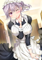 Rule 34 | 1girl, absurdres, apron, blush, braid, breasts, finger to mouth, frilled apron, frilled hat, frills, hat, highres, indoors, large breasts, light purple hair, long sleeves, maid, maid apron, ogata tei, one eye closed, original, purple eyes, solo