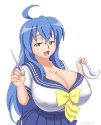 Rule 34 | 1girl, abridged-satoko, ahoge, alternate breast size, blue hair, breast expansion, breasts, cleavage, covered erect nipples, green eyes, highres, huge breasts, izumi konata, large breasts, long hair, looking at viewer, lucky star, mole, mole under eye, open mouth, scissors, smile, solo
