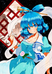 Rule 34 | 1girl, bad id, bad pixiv id, blue dress, blue eyes, blue hair, breasts, cleavage, closed mouth, collarbone, commentary request, cowboy shot, dark background, dress, frills, hagoromo, hair ornament, hair rings, hair stick, hand up, holding, kaku seiga, large breasts, looking at viewer, open clothes, open vest, puffy short sleeves, puffy sleeves, qqqrinkappp, shawl, short hair, short sleeves, simple background, smile, solo, touhou, traditional media, vest, white vest