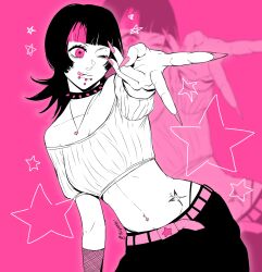 belly choker crop_top highres hoshi_kirara jujutsu_kaisen nail_polish navel_piercing piercing pink_background pink_eyes pink_hair tattoo tongue tongue_out tulipnini