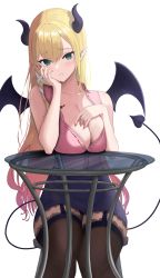 Rule 34 | 1girl, absurdres, bat tattoo, black thighhighs, blonde hair, blue skirt, blush, breast rest, breast tattoo, breasts, cleavage, demon girl, demon tail, demon wings, frilled shirt, frills, garter straps, glass table, gradient hair, green eyes, hand on own cheek, hand on own face, higasino3ldk, highres, hololive, lace, lace-trimmed legwear, lace trim, large breasts, long hair, looking at viewer, low-cut, multicolored hair, parted lips, pink hair, pink shirt, pointy ears, shirt, simple background, sitting, skirt, sleeveless, sleeveless shirt, solo, table, tail, tattoo, thighhighs, virtual youtuber, white background, winged heart, wings, yuzuki choco, yuzuki choco (1st costume)