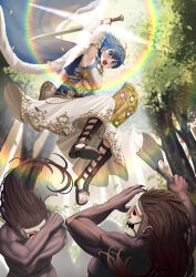 Rule 34 | 1girl, 2boys, alternate costume, armor, armored dress, axe, blue cape, blue eyes, blue hair, breastplate, cape, day, detached sleeves, dress, falchion (fire emblem), fire emblem, fire emblem awakening, fur-trimmed cape, fur trim, gladiator sandals, highres, holding, holding axe, holding shield, holding sword, holding weapon, light particles, light rays, looking down, mask, morgan (female) (fire emblem), morgan (fire emblem), multiple boys, nintendo, open mouth, outdoors, sandals, shield, short hair, silvertsuki, sword, toeless footwear, toes, weapon, white dress, white sleeves