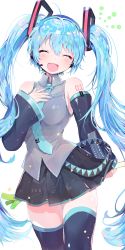 Rule 34 | 1girl, :d, ^ ^, absurdres, ahoge, amakawa tamawo, aqua necktie, bare shoulders, black skirt, black thighhighs, blue hair, blush, closed eyes, commentary request, detached sleeves, food, hair between eyes, happy, hatsune miku, headset, highres, holding, holding food, holding spring onion, holding vegetable, long hair, necktie, open mouth, simple background, skirt, smile, solo, spring onion, thighhighs, twintails, vegetable, very long hair, vocaloid, white background, zettai ryouiki