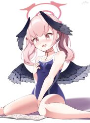 Rule 34 | 1girl, black one-piece swimsuit, black wings, blue archive, blush, book, breasts, female masturbation, halo, head wings, highres, inakami, koharu (blue archive), long hair, masturbation, one-piece swimsuit, open book, open mouth, pink eyes, pink hair, red halo, school swimsuit, signature, simple background, sitting, small breasts, solo, swimsuit, twintails, wariza, white background, wings