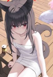 Rule 34 | 2girls, absurdres, animal ear fluff, animal ears, black hair, blue archive, blush, breasts, can, closed mouth, collarbone, cowboy shot, fox ears, hair between eyes, halo, highres, kurone (kurone ryuo), long hair, looking at viewer, multiple girls, naked towel, red eyes, red halo, sitting, small breasts, solo focus, towel, white towel, yukino (blue archive)