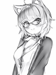Rule 34 | 1girl, ahoge, animal ears, bad id, bad pixiv id, belt collar, breasts, cat ears, cleavage, closed mouth, collar, glasses, greyscale, highres, hololive, jacket, looking at viewer, medium hair, monochrome, nanashi (nlo), nekomata okayu, nekomata okayu (oversized shirt), open clothes, open jacket, shirt, simple background, smile, solo, upper body, virtual youtuber, white background