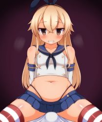 Rule 34 | 10s, 1girl, blonde hair, blue skirt, blush, brown eyes, clenched teeth, elbow gloves, eyebrows, gloves, hairband, highres, kantai collection, long hair, looking at viewer, navel, shimakaze (kancolle), skirt, smile, solo, striped clothes, striped thighhighs, teeth, thighhighs, thong, zack (haiuinndo)