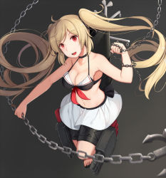 Rule 34 | 10s, 1girl, adapted costume, bikini, bikini skirt, bikini top only, blonde hair, breasts, chain, cleavage, collarbone, gradient background, hair ribbon, highres, kantai collection, long hair, looking at viewer, machinery, mecha musume, midriff, murasame (kancolle), open mouth, red eyes, ribbon, skirt, smile, solo, swimsuit, twintails, very long hair, yingji (zszero)
