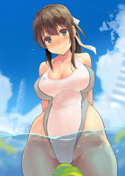 Rule 34 | 1girl, amamiya natsumi, bare shoulders, blue eyes, blue sky, blush, breasts, brown hair, cloud, competition swimsuit, cowboy shot, day, hair between eyes, hair ribbon, highleg, highleg swimsuit, highres, kekemotsu, large breasts, long hair, looking at viewer, one-piece swimsuit, original, outdoors, partially submerged, partially underwater shot, ponytail, ribbon, sidelocks, sky, smile, solo, swimsuit, thighs, underwater, wading, water, white one-piece swimsuit, white ribbon