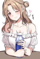 Rule 34 | 1girl, ;), armpit crease, blouse, blush, bottle, breasts, brown hair, cleavage, collarbone, frilled shirt collar, frilled sleeves, frills, hair bun, head tilt, highres, holding, holding bottle, ichikawa hinana, idolmaster, idolmaster shiny colors, looking at viewer, motion lines, nakamura rohane, off-shoulder shirt, off shoulder, one eye closed, parted bangs, shirt, simple background, single hair bun, smile, solo, sweatdrop, upper body, white background, white shirt