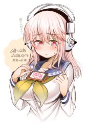 Rule 34 | 1girl, arato asato, balancing, blush, breast rest, breasts, cellphone, eyebrows, headphones, large breasts, long hair, neckerchief, nitroplus, object on breast, phone, pink eyes, pink hair, school uniform, serafuku, smartphone, solo, super sonico, tawawa challenge