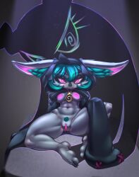 Rule 34 | 1girl, @ @, animal ear fluff, animal nose, aqua hair, barefoot, black cloak, black fur, body fur, bottomless, breasts, claws, cloak, ears through headwear, feet, female focus, female pubic hair, furry, furry female, glowing, glowing eyes, grey fur, half-closed eyes, highres, hitmanatee, hood, hood up, hooded cloak, jewelry, league of legends, leaning back, looking at viewer, medium breasts, navel, necklace, nipples, parted lips, pink eyes, pubic hair, pussy, short hair, sidelocks, sitting, sleeves past fingers, sleeves past wrists, solo focus, spread legs, stomach, straight-on, two-tone fur, uncensored, v-shaped eyebrows, very long sleeves, vex (league of legends), vex shadow (league of legends), wide hips, yordle