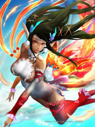 Rule 34 | 1girl, bare shoulders, black hair, breasts, circlet, cleavage, crown, feathers, fire, flying, gloves, hair ribbon, highres, lips, long hair, looking at viewer, narongchai singhapand, red eyes, ribbon, signature, sky, solo