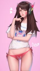 Rule 34 | 1girl, absurdres, aling, artist name, bikini, bikini bottom only, breasts, brown eyes, brown hair, cowboy shot, d.va (overwatch), eyelashes, facepaint, facial mark, finger to own chin, heart, highres, long hair, looking at viewer, no pants, nose, orange bikini, outline, overwatch, overwatch 1, panties, pink background, pink lips, pink panties, print bikini, print bikini bottom, print shirt, shirt, short sleeves, side-tie bikini bottom, side-tie panties, signature, simple background, small breasts, solo, spoken heart, string bikini, swept bangs, swimsuit, t-shirt, underwear, whisker markings, white shirt
