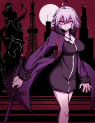 Rule 34 | 1girl, ahoge, black dress, breasts, building, city, cleavage, coat, commentary request, cross, cross necklace, dress, fate (series), feet out of frame, fur-trimmed sleeves, fur trim, grin, hair between eyes, highres, holding, holding sword, holding weapon, jeanne d&#039;arc alter (fate), jewelry, kuri dora, large breasts, long bangs, looking at viewer, necklace, open clothes, open coat, pink hair, purple coat, red sky, shaded face, shinjuku (tokyo), short dress, short hair, sky, skyscraper, smile, solo, standing, sword, tokyo (city), tower, uneven eyes, weapon, yellow eyes