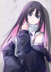 Rule 34 | 1girl, absurdres, arcaea, black hair, blue eyes, blush, celia 1315, colored inner hair, hand up, high collar, highres, jacket, leaning back, long hair, long sleeves, looking to the side, multicolored hair, off shoulder, parted lips, pinching, pink hair, shirt, sleeveless, sleeveless shirt, solo, very long hair