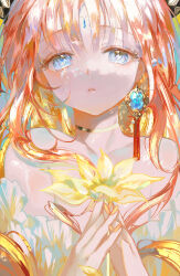 Rule 34 | 1girl, bare shoulders, blue eyes, blue gemstone, collarbone, commentary, earrings, flower, forehead jewel, gem, genshin impact, gold choker, hands up, hyatsu, jewelry, long hair, looking at viewer, nilou (genshin impact), orange hair, parted lips, shirt, single earring, solo, upper body, white shirt, yellow flower, yellow nails