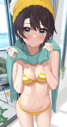 Rule 34 | 1girl, absurdres, aqua eyes, beanie, bikini, black hair, blush, breasts, cleavage, commentary, green scarf, hands up, hat, highres, hololive, looking at viewer, mao (mawodec), medium breasts, navel, oozora subaru, oozora subaru (hololive summer 2019), parted lips, rubber duck, scarf, short hair, solo, stomach, striped bikini, striped clothes, swimsuit, virtual youtuber, window, yellow hat