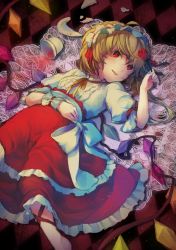 Rule 34 | 1girl, adapted object, blonde hair, commentary request, cup, flandre scarlet, gensou aporo, hairband, lolita hairband, lying, on back, open mouth, puffy short sleeves, puffy sleeves, red eyes, sash, shirt, short sleeves, side ponytail, skirt, smile, solo, teacup, touhou, wings