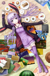 Rule 34 | 1girl, absurdres, animal hood, book, rabbit hood, dress, english text, engrish text, food, fork, frills, from above, fruit, full body, hair ornament, hat, highres, holding, hood, hooded jacket, jacket, kaizu ken&#039;ichi, lips, looking at viewer, lying, no shoes, on back, pencil, photo (object), purple dress, purple eyes, purple hair, purple legwear, ranguage, smile, solo, sun hat, sweets, thighs, twintails, vocaloid, voiceroid, watermelon, writing, yuzuki yukari