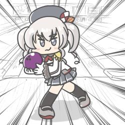Rule 34 | 1girl, ball, beret, blue eyes, bowling, bowling alley, bowling ball, epaulettes, ferret-san, frilled sleeves, frills, full body, gloves, grey hair, grey hat, grey skirt, hat, holding, holding ball, jacket, kantai collection, kashima (kancolle), looking at viewer, military jacket, military uniform, neckerchief, pleated skirt, red neckerchief, skirt, smile, solo, twintails, uniform, wavy hair, white gloves