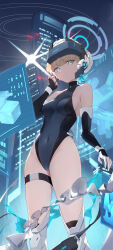 Rule 34 | 1girl, absurdres, black gloves, blonde hair, blue archive, blue halo, blue leotard, blunt bangs, breasts, building, covered navel, elbow gloves, fingerless gloves, gloves, halo, highleg, highleg leotard, highres, leotard, looking at viewer, medium breasts, short hair, solo, standing, sukaliya, thighs, toki (blue archive)