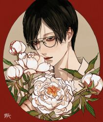Rule 34 | 1boy, black eyes, black hair, closed mouth, flower, glasses, highres, holding, holding flower, kagoya1219, looking at viewer, male focus, original, outside border, portrait, short hair, signature, solo, white flower