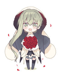Rule 34 | 1girl, :d, black skirt, black thighhighs, blush, bouquet, cecilia (shiro seijo to kuro bokushi), colored shadow, flower, full body, green eyes, green hair, hair between eyes, kazutake hazano, long hair, long sleeves, looking at viewer, no shoes, open mouth, petals, red flower, red rose, rose, rose petals, shadow, shiro seijo to kuro bokushi, shirt, sidelocks, skirt, smile, solo, standing, thighhighs, veil, very long hair, white background, white shirt, wide sleeves