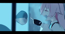 Rule 34 | 1girl, ^ ^, absurdres, against glass, aquarium, black gloves, blue archive, blue theme, closed eyes, commentary, from side, gloves, hand up, highres, hoshino (blue archive), kyatto-mikazu, letterboxed, long hair, long sleeves, pink hair, sacabambaspis, sketch, solo, triangle mouth, upper body